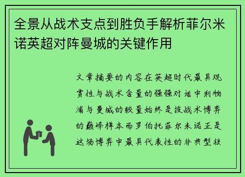 全景从战术支点到胜负手解析菲尔米诺英超对阵曼城的关键作用 全景从战术支点到胜负手解析菲尔米诺英超对阵曼城的关键作用